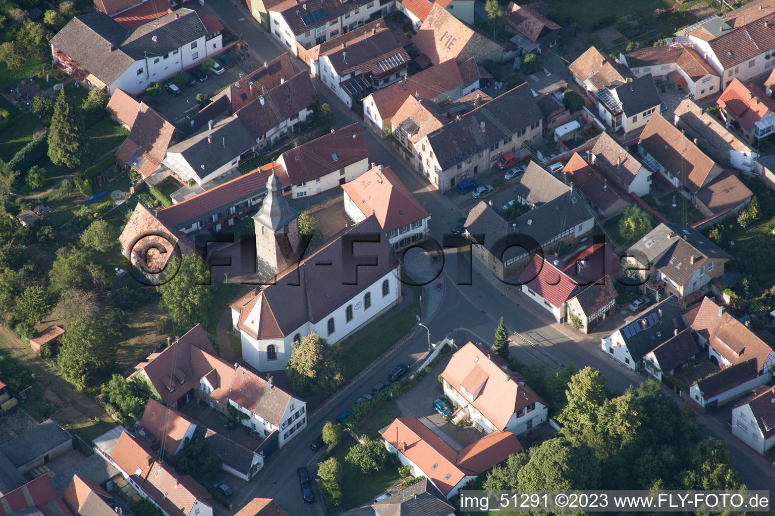 Aerial view of Church in the district Pleisweiler in Pleisweiler-Oberhofen in the state Rhineland-Palatinate, Germany