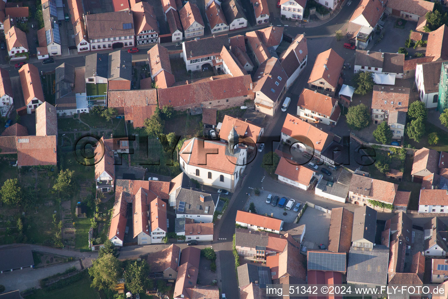 Aerial view of Church building in the village of in Goecklingen in the state Rhineland-Palatinate, Germany