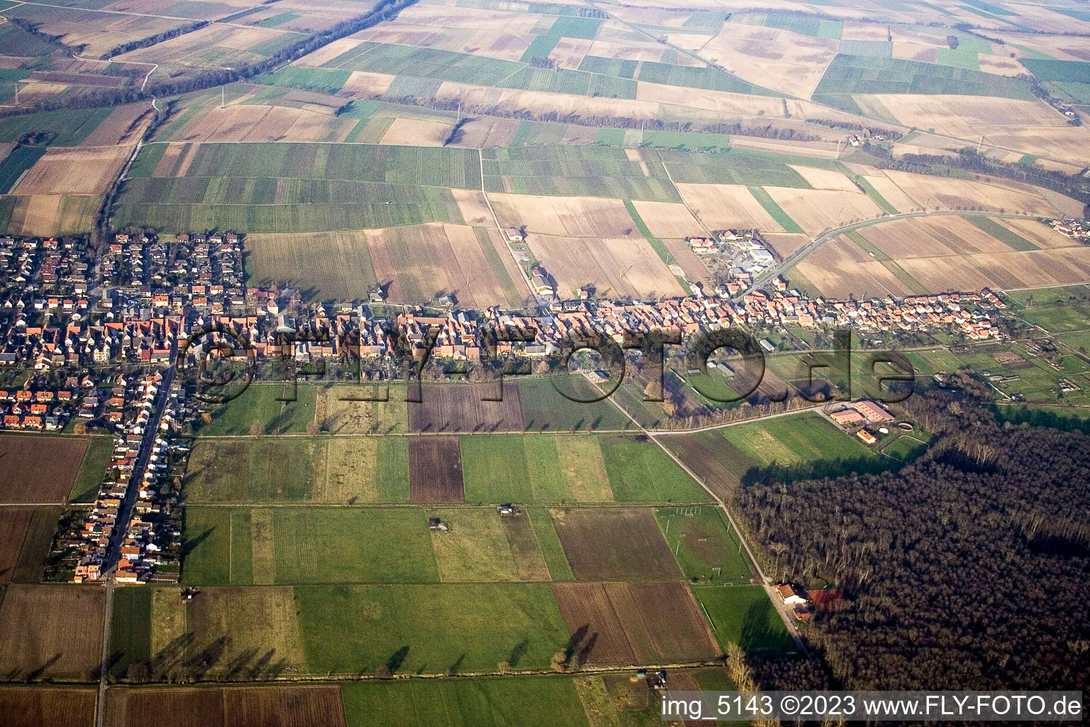 Aerial view of From the south in Freckenfeld in the state Rhineland-Palatinate, Germany