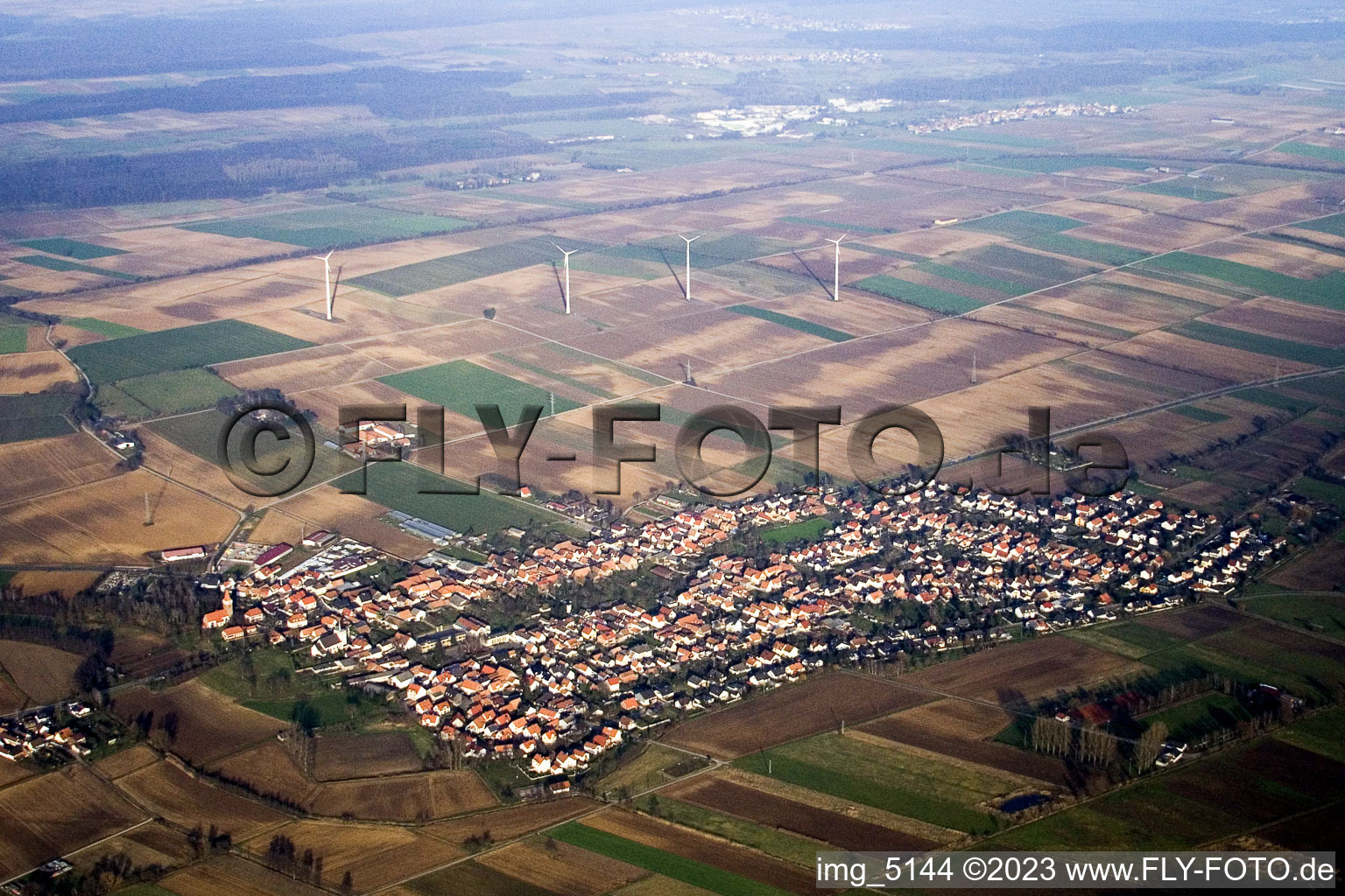 From the south in Minfeld in the state Rhineland-Palatinate, Germany out of the air