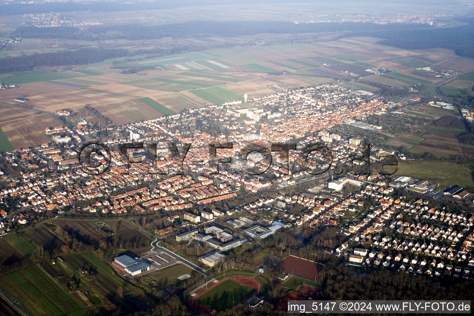 From the southwest in Kandel in the state Rhineland-Palatinate, Germany from the drone perspective