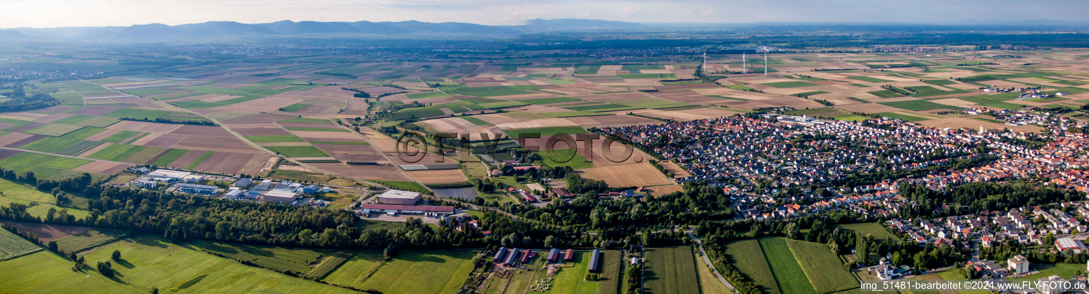 Oblique view of Panoramic perspective Town View of the streets and houses of the residential areas in Herxheim bei Landau (Pfalz) in the state Rhineland-Palatinate, Germany