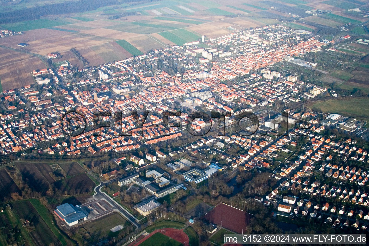 Oblique view of Town View of the streets and houses of the residential areas in Kandel in the state Rhineland-Palatinate