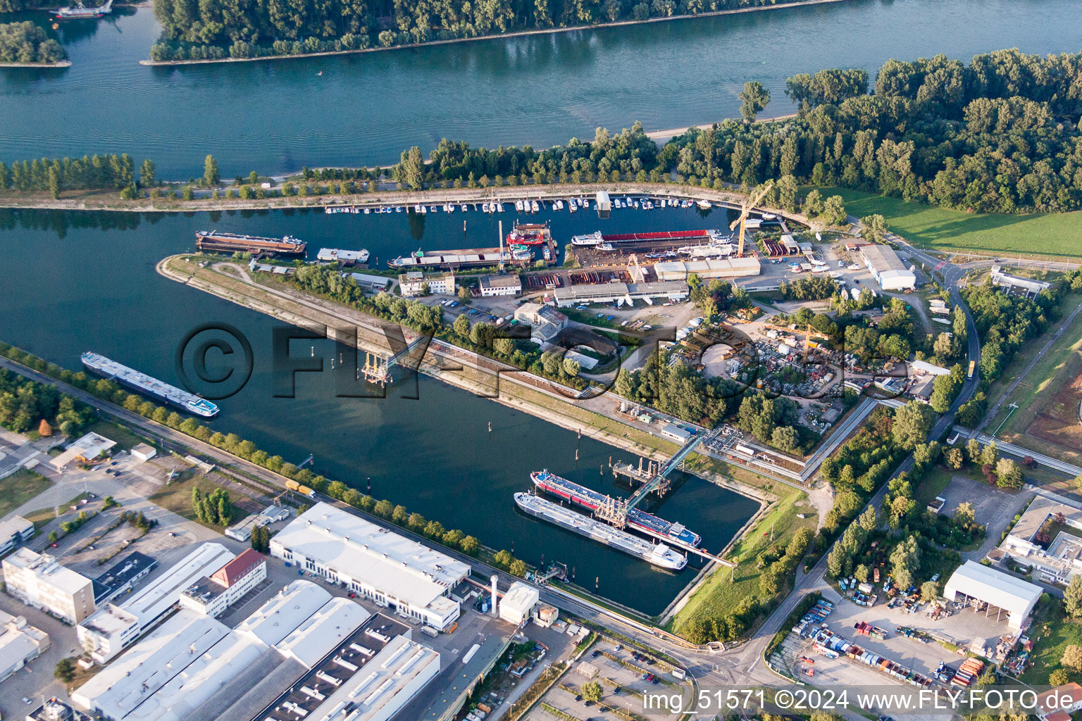 Aerial view of Quays and boat moorings at the port of the inland port on the Rhine river in Speyer in the state Rhineland-Palatinate, Germany