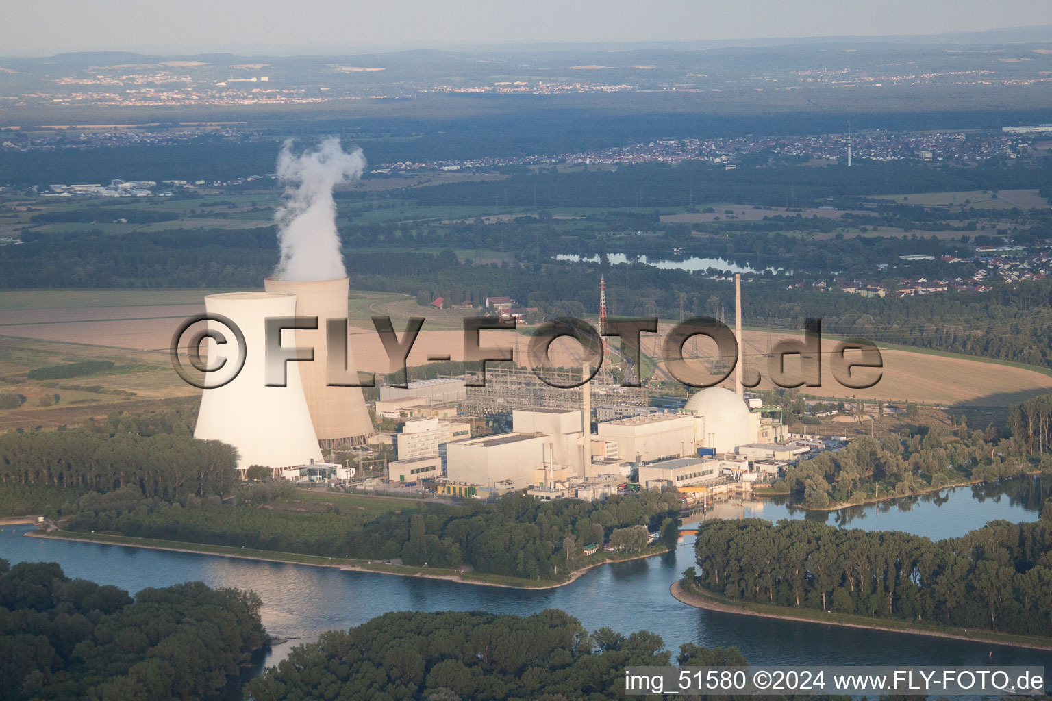 Nuclear power plant from the southwest in Philippsburg in the state Baden-Wuerttemberg, Germany