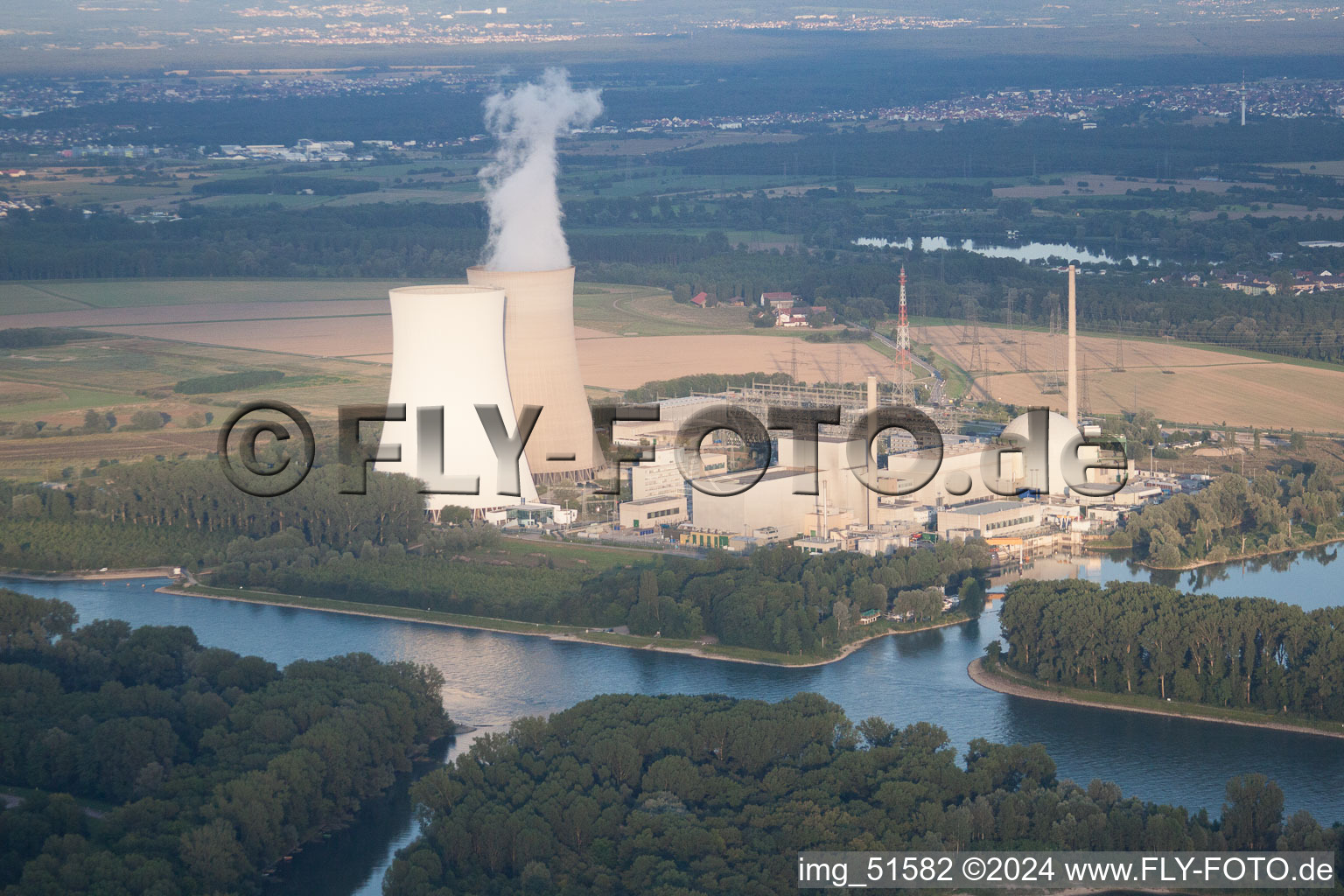 Aerial view of Nuclear power plant from the southwest in Philippsburg in the state Baden-Wuerttemberg, Germany