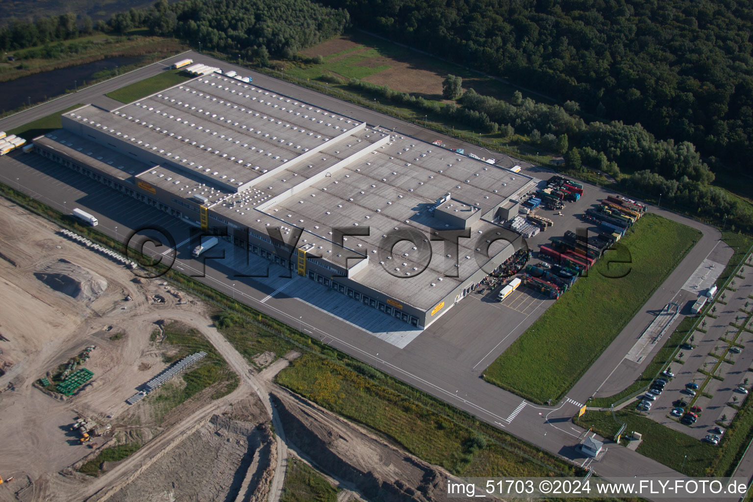 Oberwald Industrial Area in Wörth am Rhein in the state Rhineland-Palatinate, Germany seen from a drone