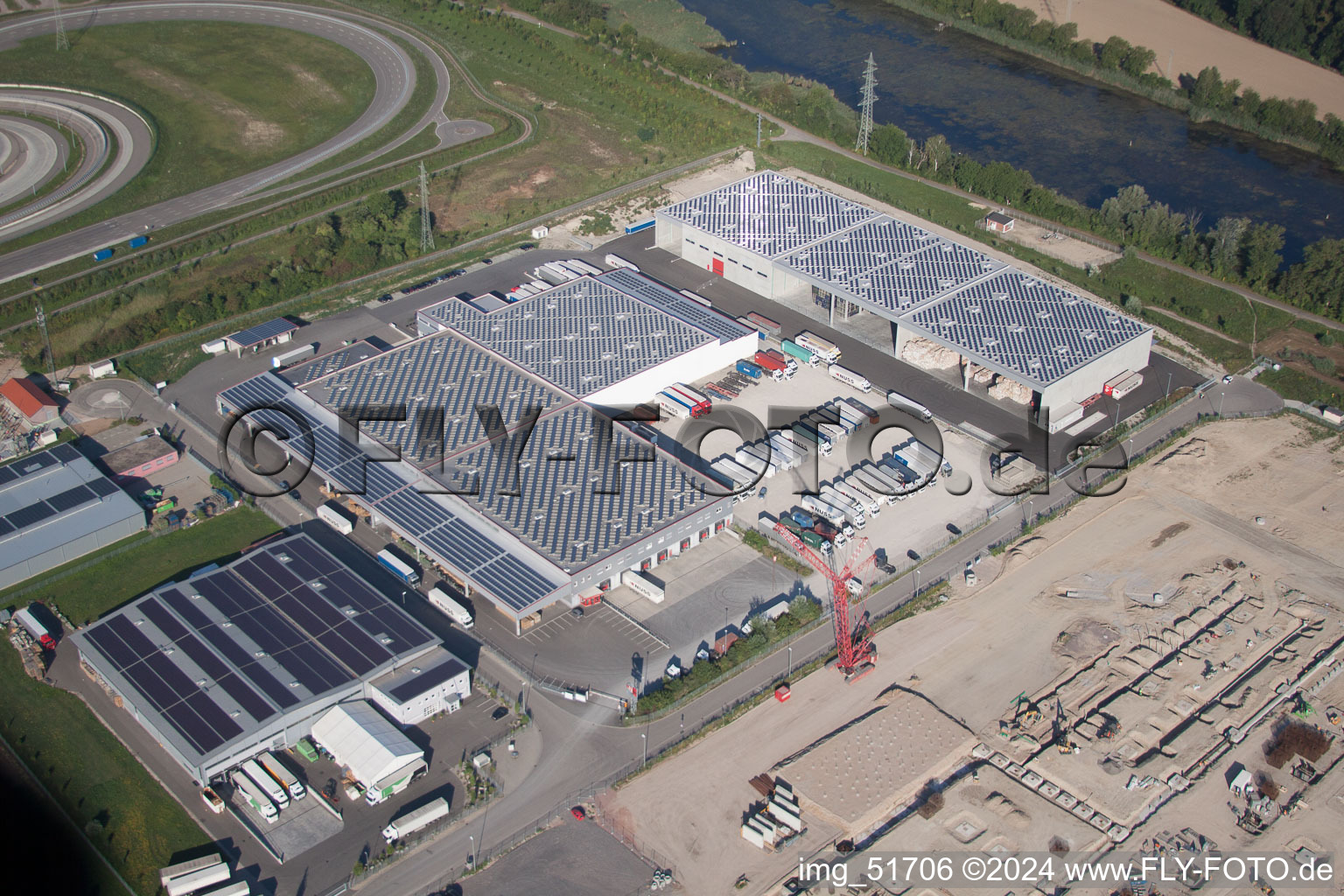 Aerial view of Oberwald industrial area in Wörth am Rhein in the state Rhineland-Palatinate, Germany