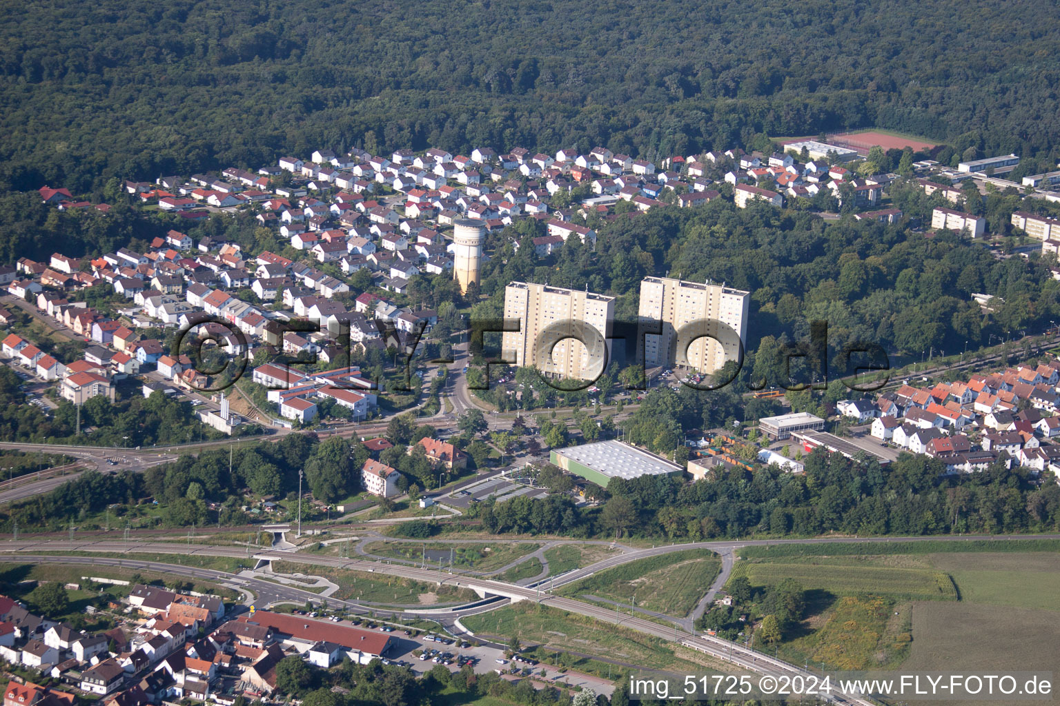 Bird's eye view of Wörth am Rhein in the state Rhineland-Palatinate, Germany