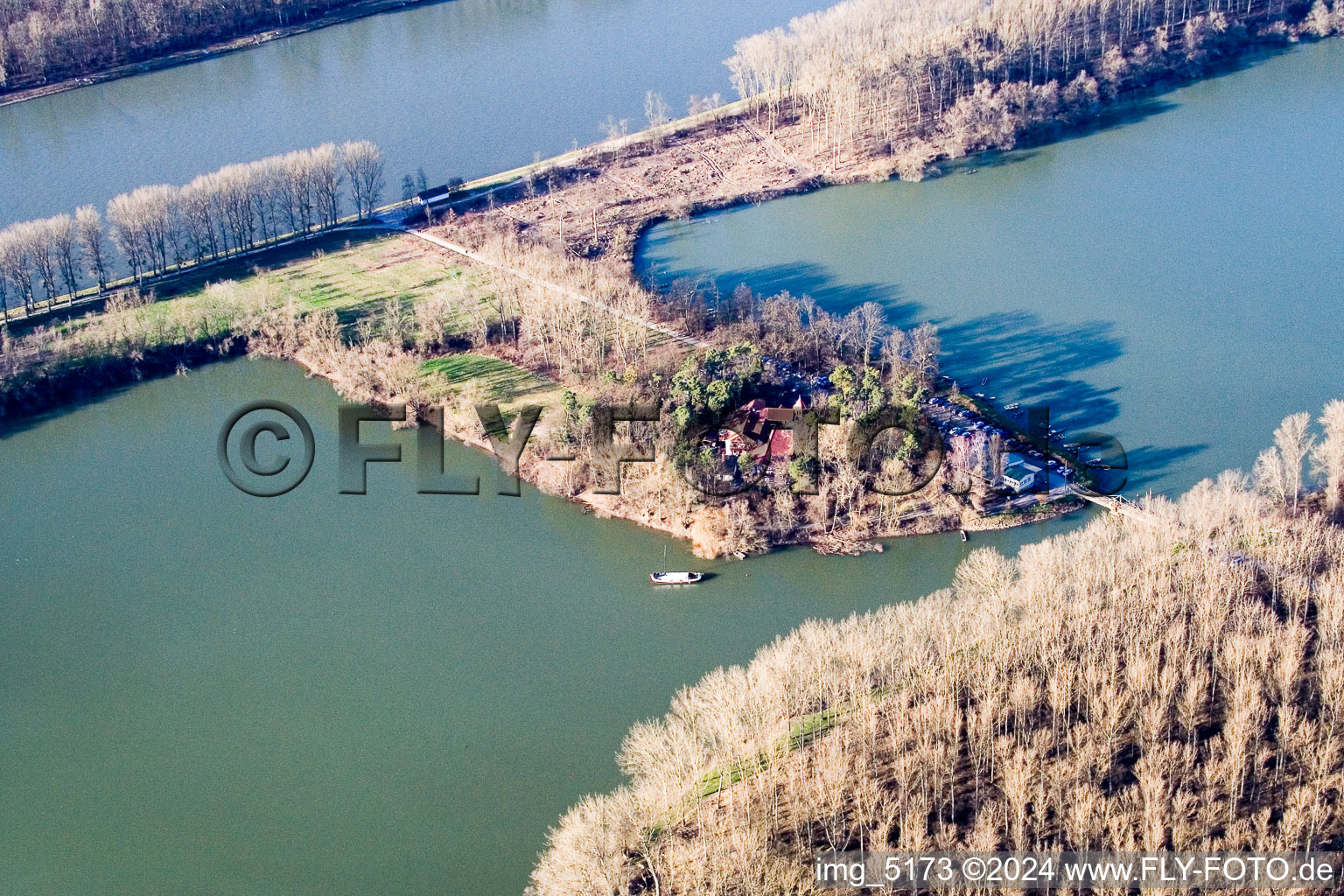 Aerial view of Linkenheim, Rott Island in Linkenheim-Hochstetten in the state Baden-Wuerttemberg, Germany