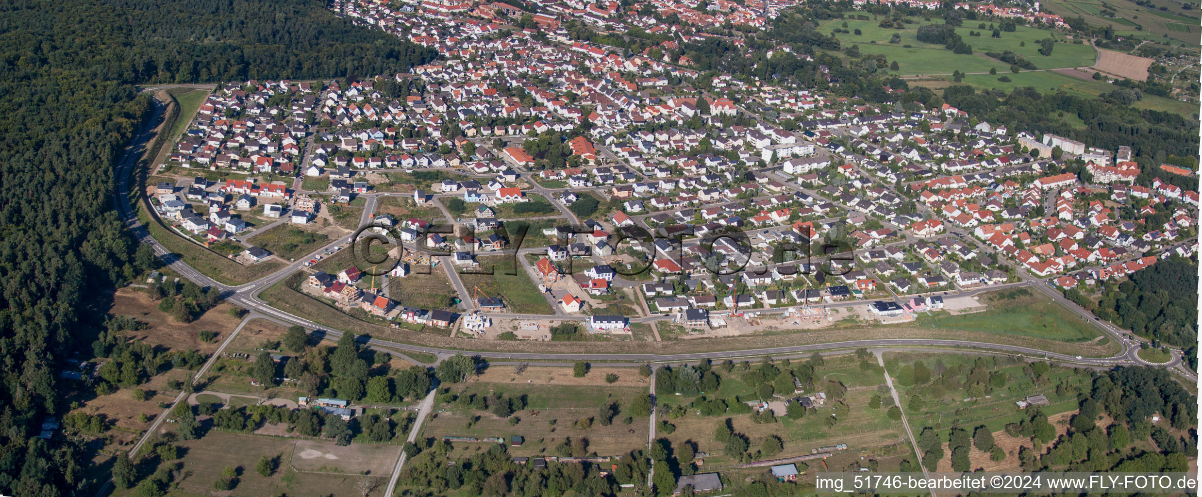 Panoramic perspective Construction sites for new construction residential area of detached housing estate West in Jockgrim in the state Rhineland-Palatinate, Germany