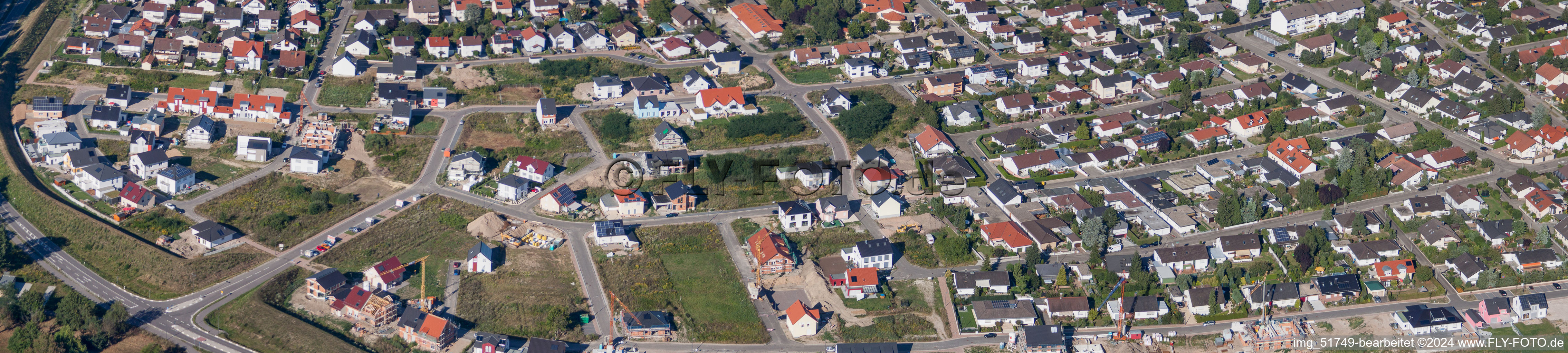 Aerial view of Panoramic perspective Construction sites for new construction residential area of detached housing estate West in Jockgrim in the state Rhineland-Palatinate, Germany