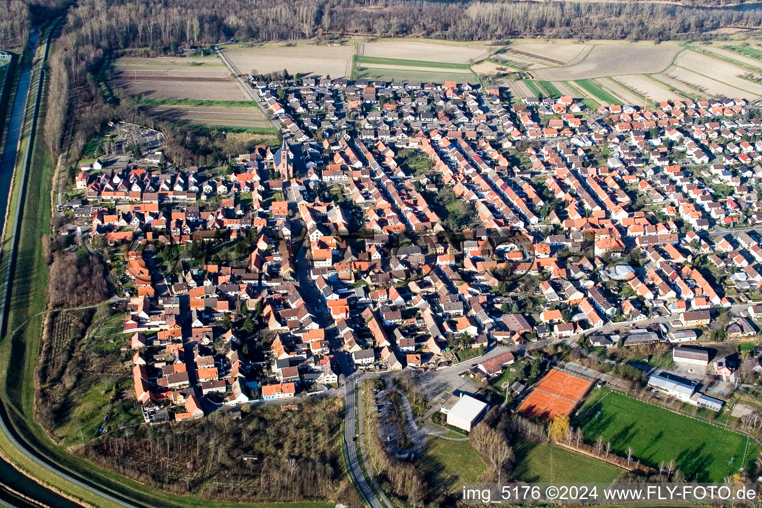 Town View of the streets and houses of the residential areas in the district Liedolsheim in Dettenheim in the state Baden-Wurttemberg