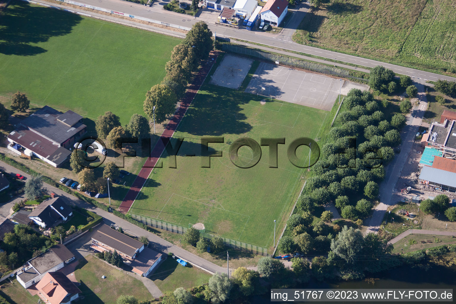 Aerial view of Sports fields in Leimersheim in the state Rhineland-Palatinate, Germany
