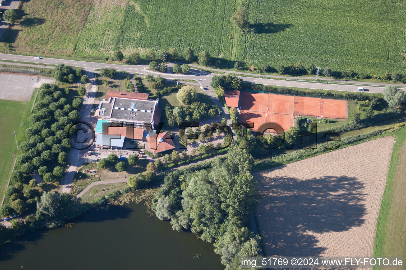 Oblique view of Sports fields in Leimersheim in the state Rhineland-Palatinate, Germany