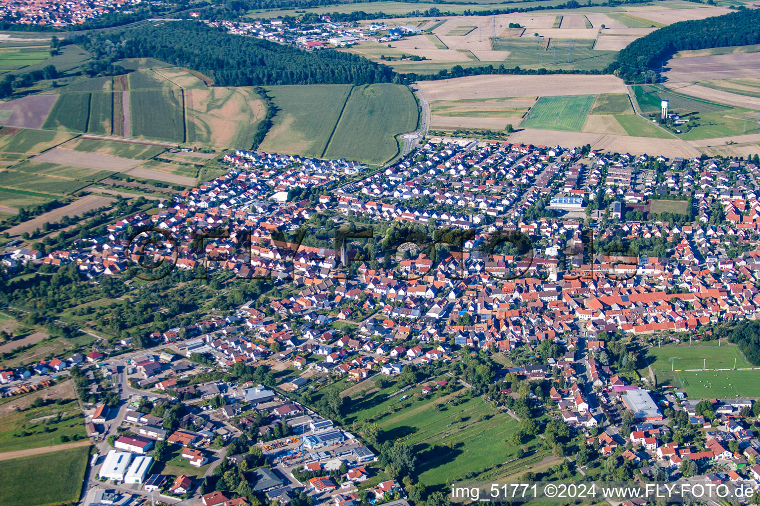 Village - view on the edge of agricultural fields and farmland in Dettenheim in the state Baden-Wurttemberg