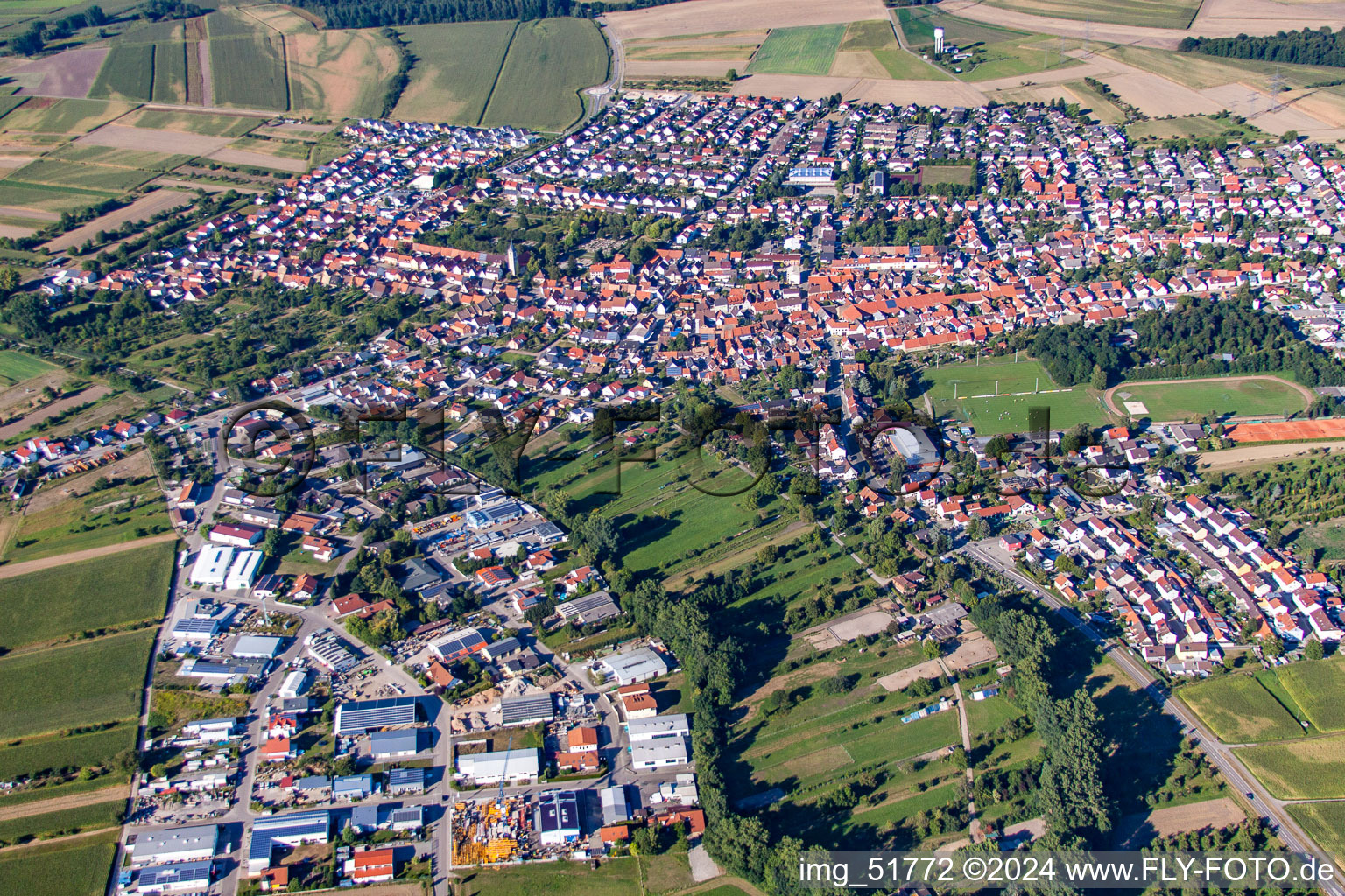 Aerial view of Town View of the streets and houses of the residential areas in the district Liedolsheim in Dettenheim in the state Baden-Wurttemberg, Germany