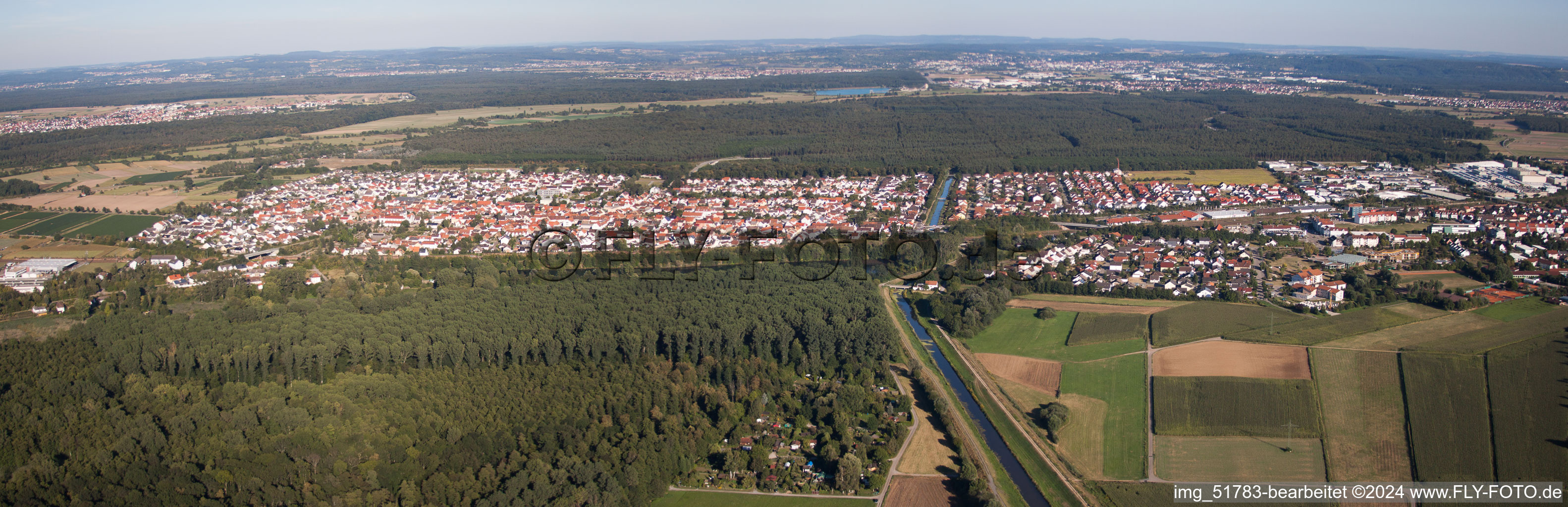 Panoramic perspective Town View of the streets and houses of the residential areas in the district Neudorf in Graben-Neudorf in the state Baden-Wurttemberg, Germany