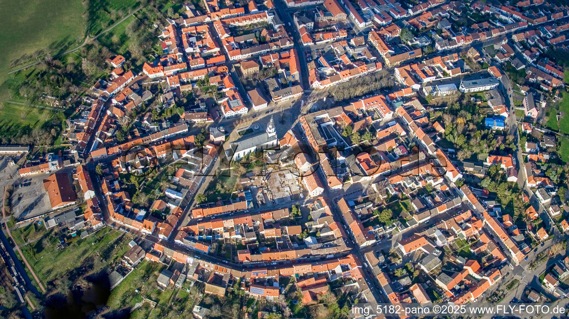 Rote-Tor-Straße x Schloßstraße with St. Maria Church in Philippsburg in the state Baden-Wuerttemberg, Germany