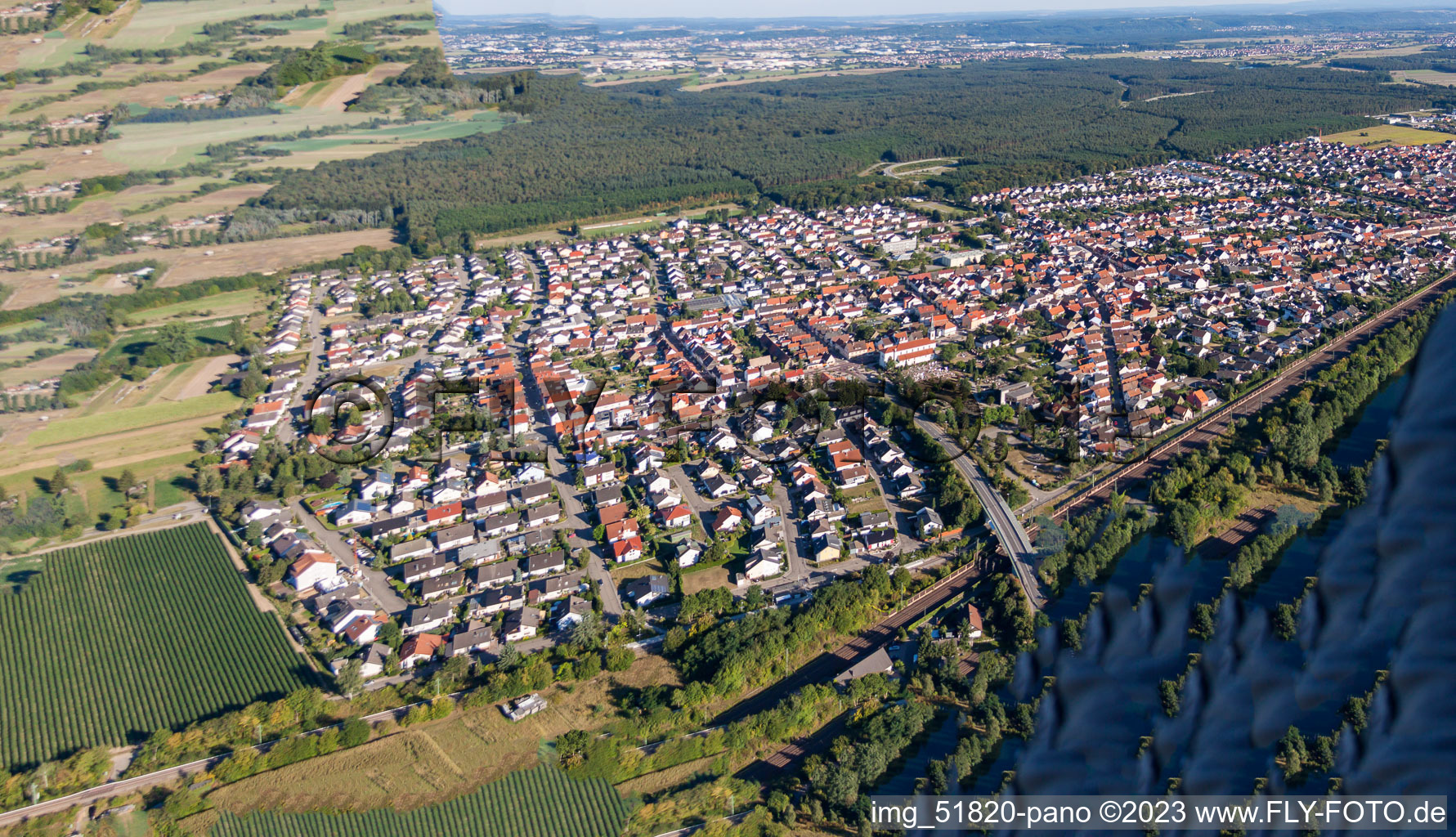 Aerial view of Panorama in the district Neudorf in Graben-Neudorf in the state Baden-Wuerttemberg, Germany