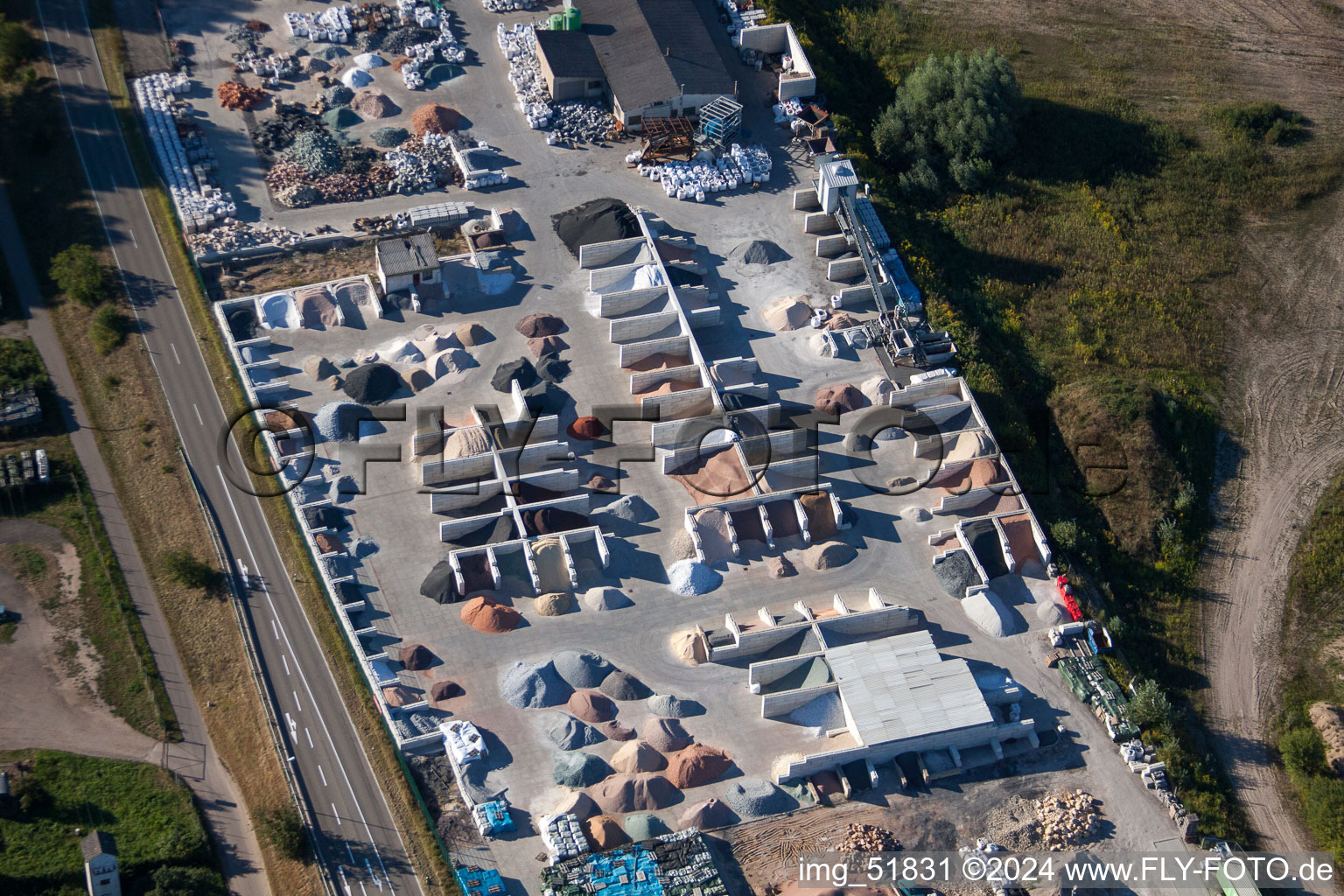 Aerial view of Gartenkies, Badische Terrazzo Handels- gesellschaft mbH in the district Neudorf in Graben-Neudorf in the state Baden-Wurttemberg, Germany