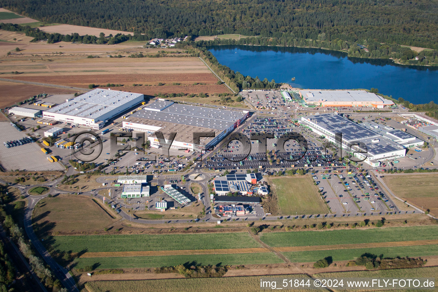 Aerial view of Building of the shopping center Globus Wiesental, Roller Moebel - Waghaeusel in Wiesental in the state Baden-Wurttemberg, Germany