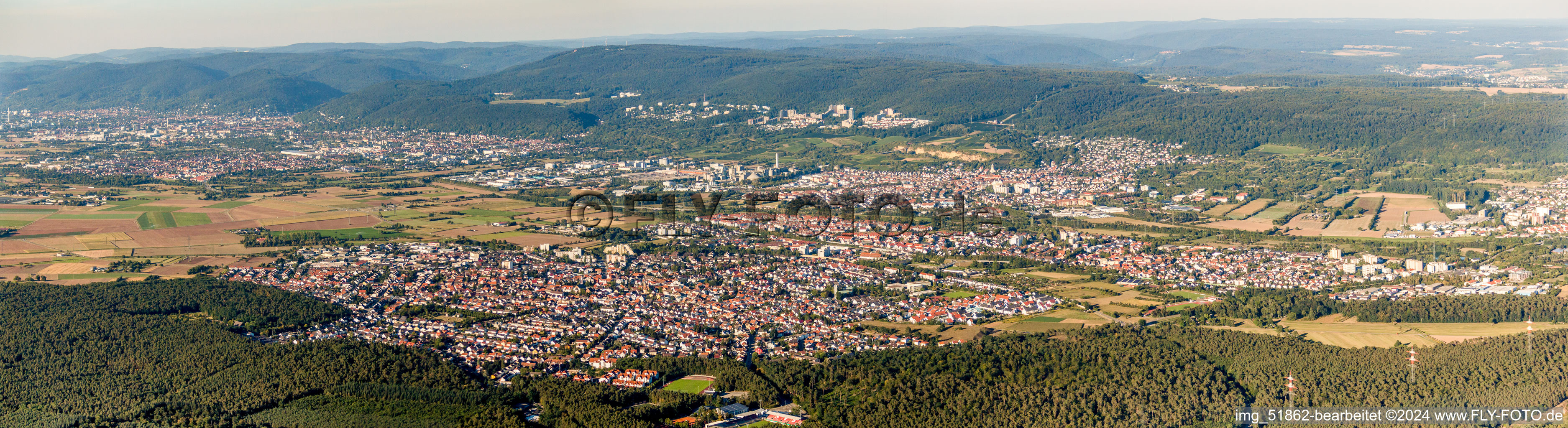 Panoramic perspective Town View of the streets and houses of the residential areas in Sandhausen in the state Baden-Wurttemberg, Germany