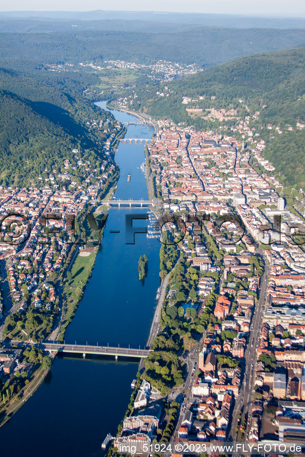 Aerial view of Village on the banks of the area Neckar river course in Heidelberg in the state Baden-Wurttemberg