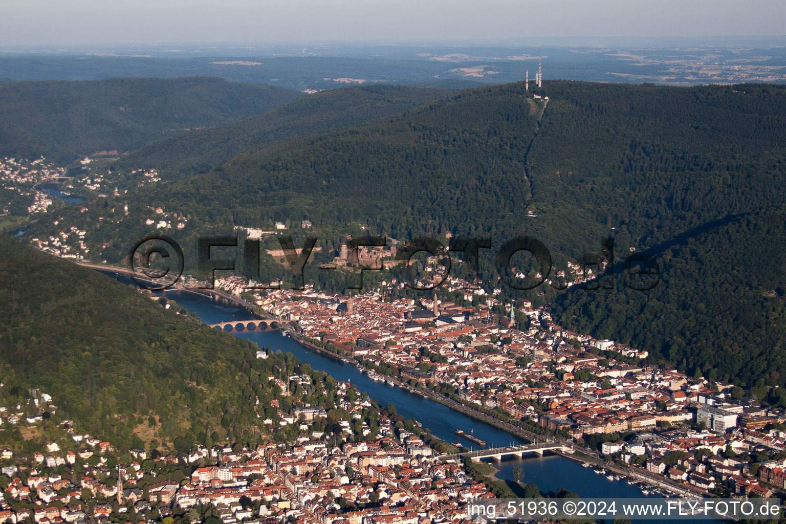 Aerial photograpy of Village on the banks of the area Neckar river course in Heidelberg in the state Baden-Wurttemberg