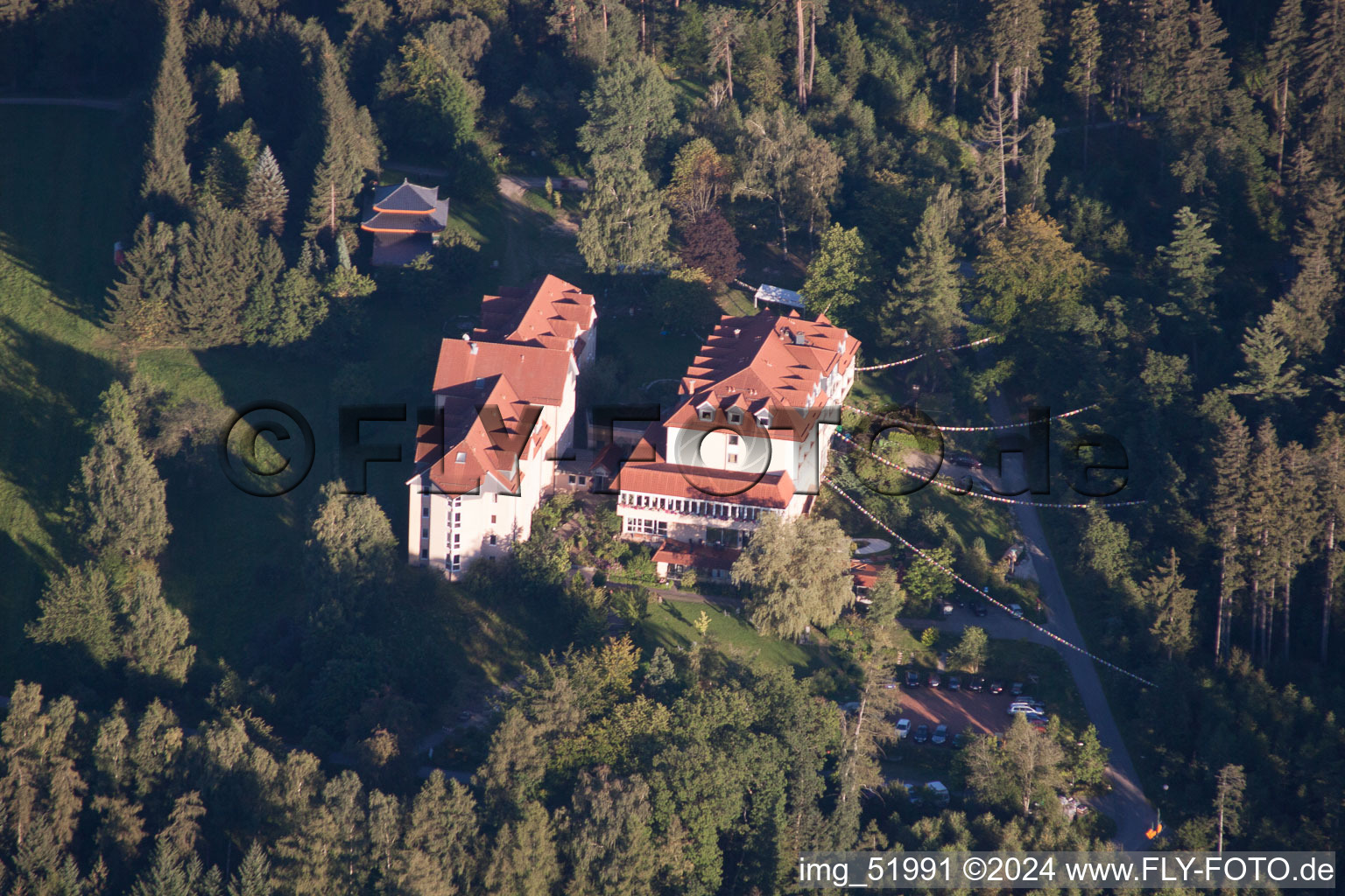 Aerial view of Buddha's Way GmbH in the district Siedelsbrunn in Wald-Michelbach in the state Hesse, Germany