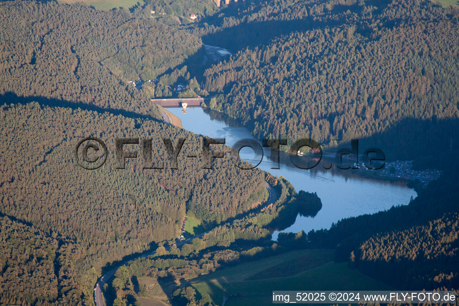 Aerial view of Marbach Reservoir in the district Hetzbach in Oberzent in the state Hesse, Germany