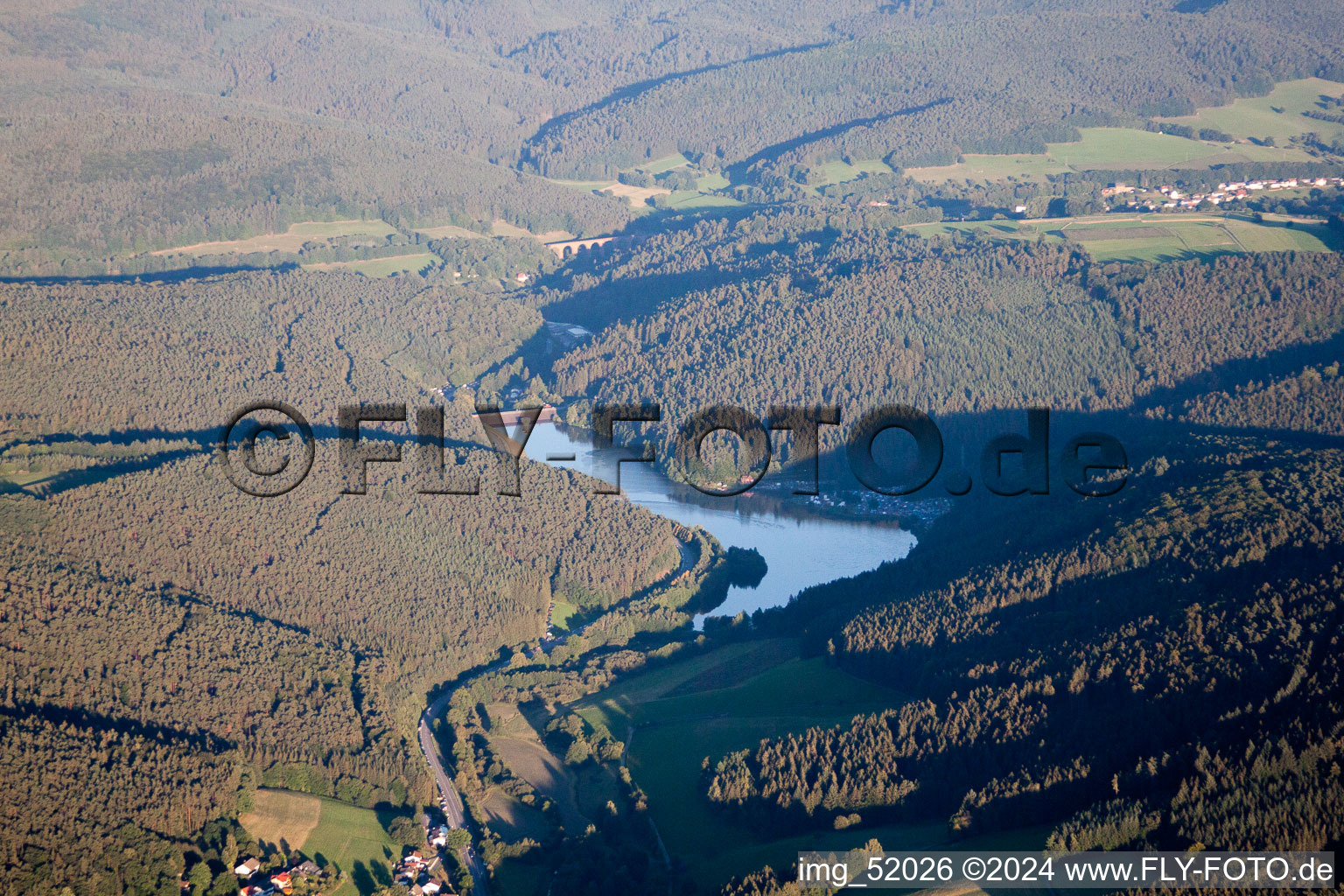 Aerial photograpy of Marbach Reservoir in the district Hetzbach in Oberzent in the state Hesse, Germany