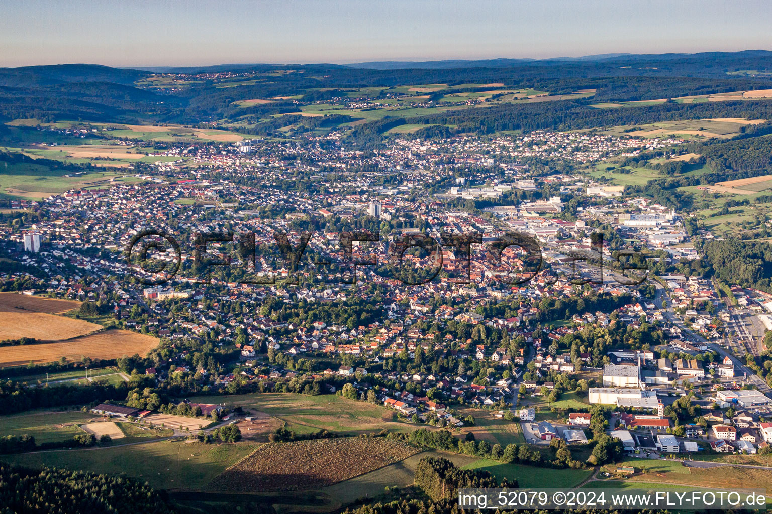 Aerial view of Town View of the streets and houses of the residential areas in Michelstadt in the state Hesse, Germany