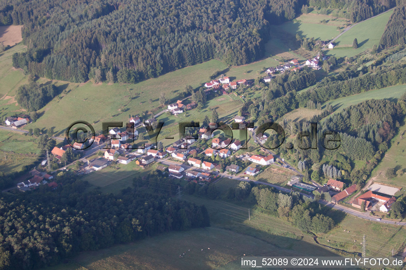 Oblique view of District Unter-Mossau in Mossautal in the state Hesse, Germany