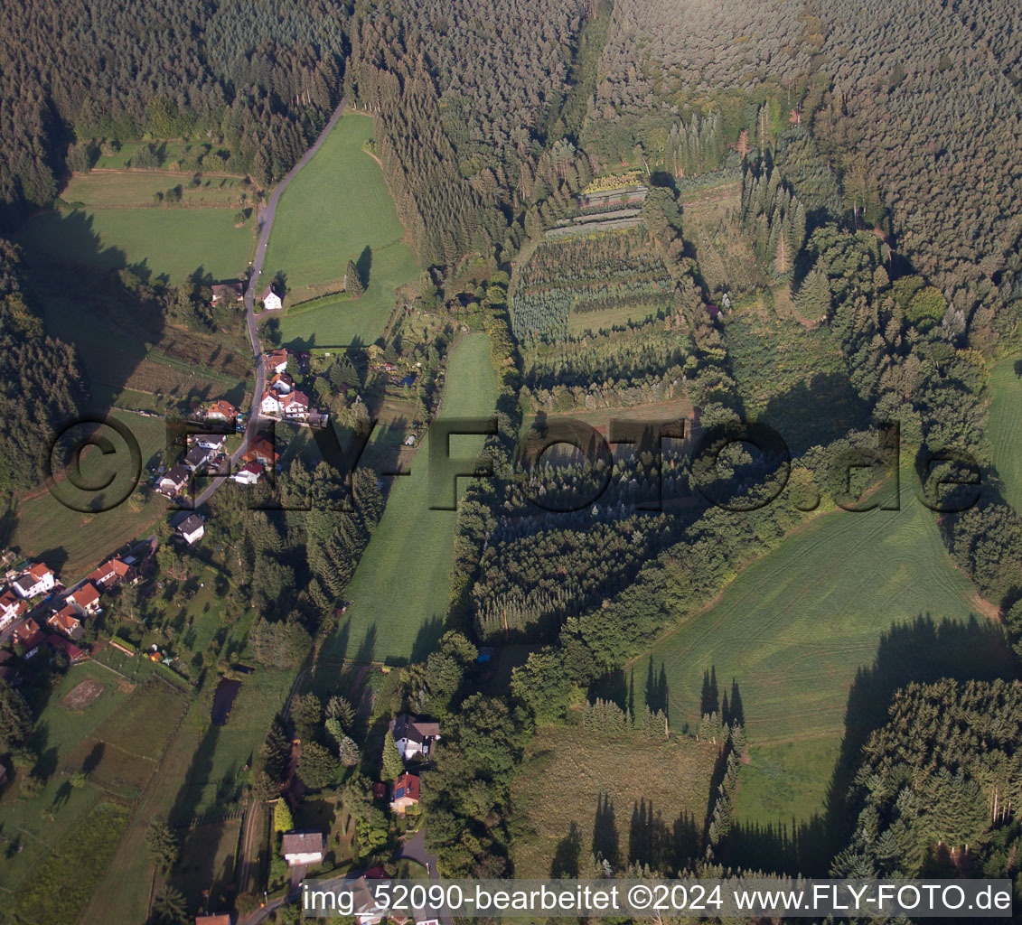 District Unter-Mossau in Mossautal in the state Hesse, Germany from above