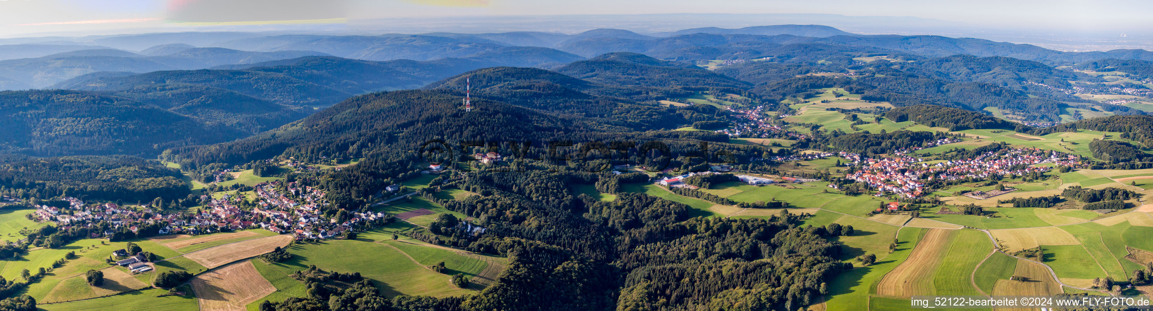 Panoramic perspective of Forest and mountain scenery of the Odenwald in the district Siedelsbrunn in Wald-Michelbach in the state Hesse, Germany