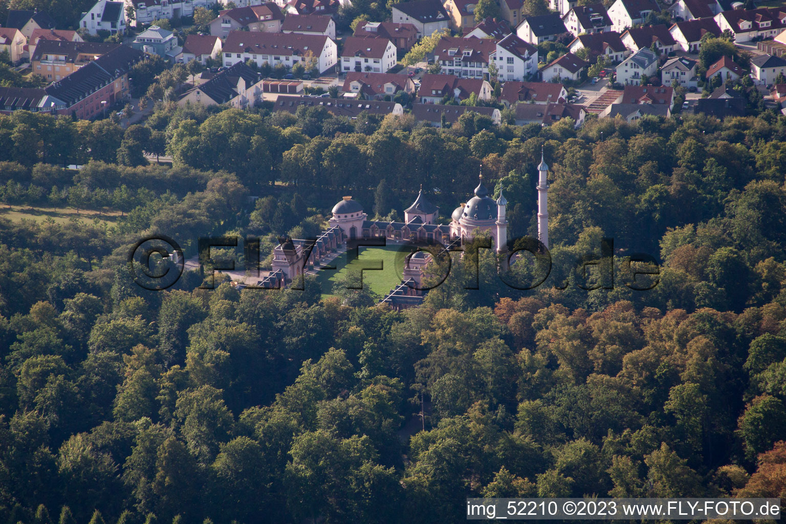 Schwetzingen Castle Park in Schwetzingen in the state Baden-Wuerttemberg, Germany from above