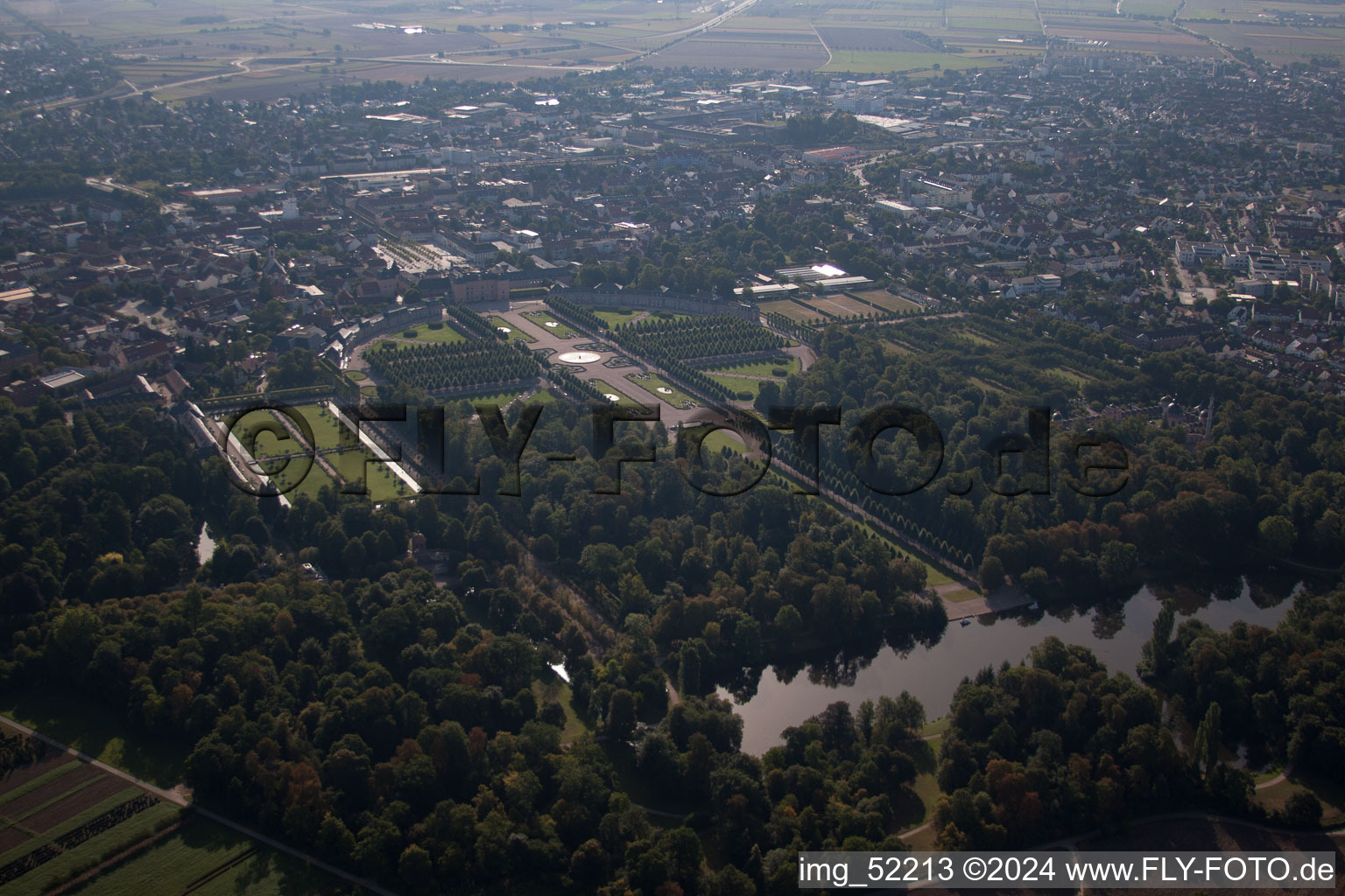 Schwetzingen Palace Park in Schwetzingen in the state Baden-Wuerttemberg, Germany seen from above