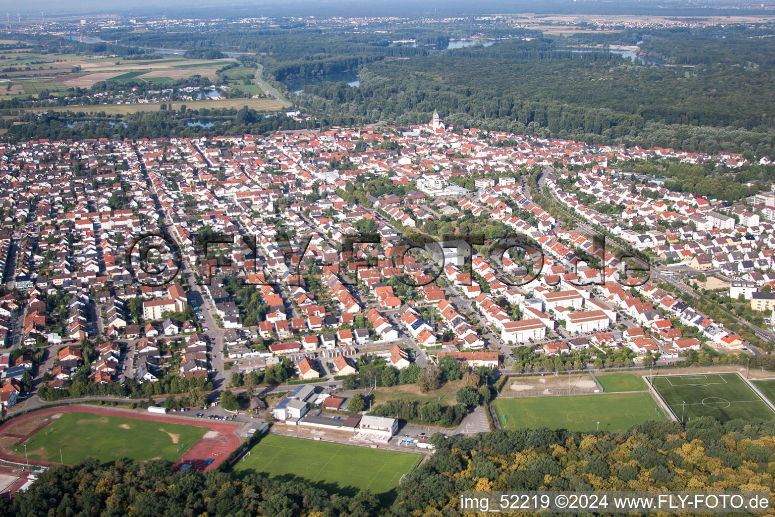 Aerial view of Town View of the streets and houses of the residential areas in Ketsch in the state Baden-Wurttemberg