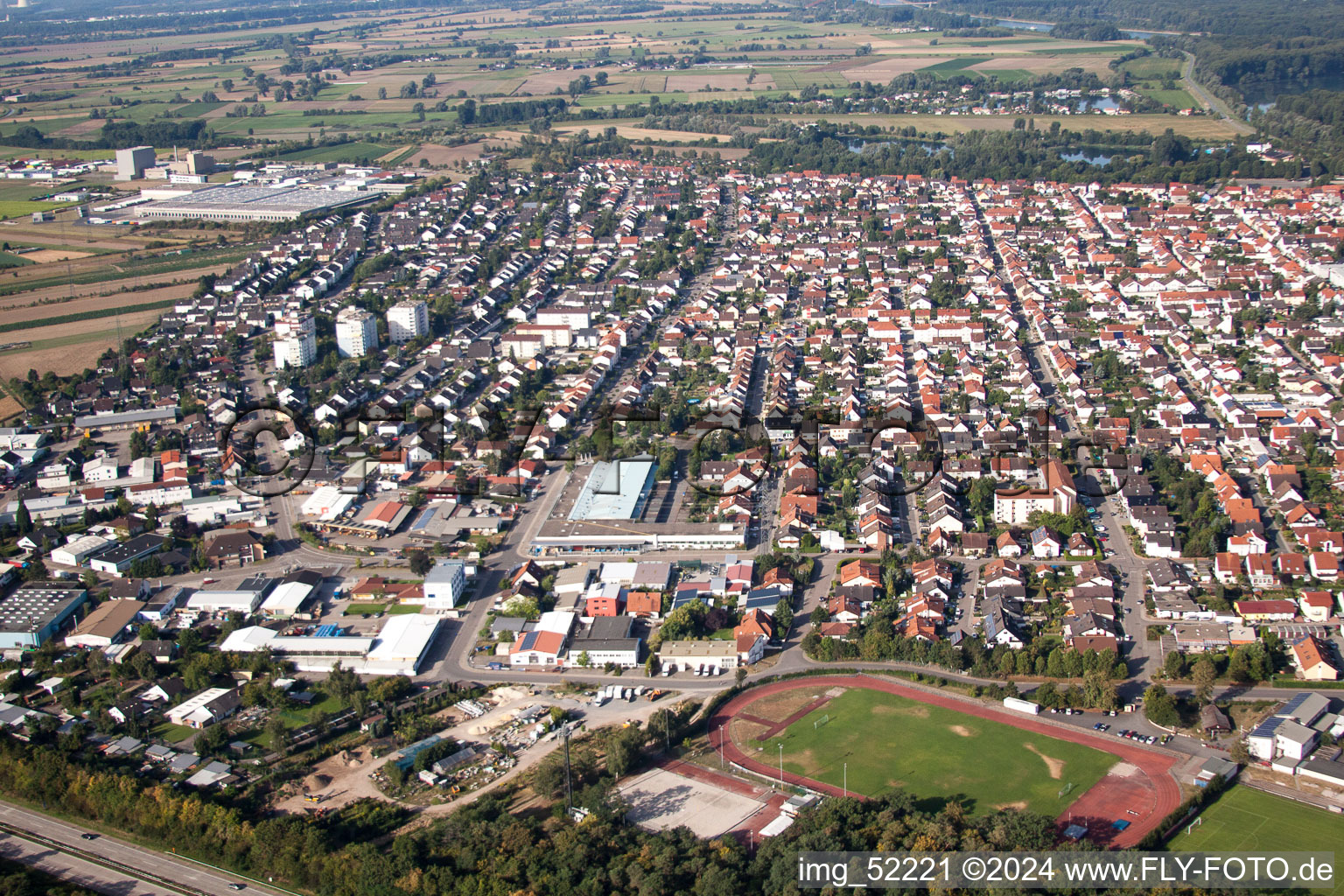 Aerial photograpy of Town View of the streets and houses of the residential areas in Ketsch in the state Baden-Wurttemberg