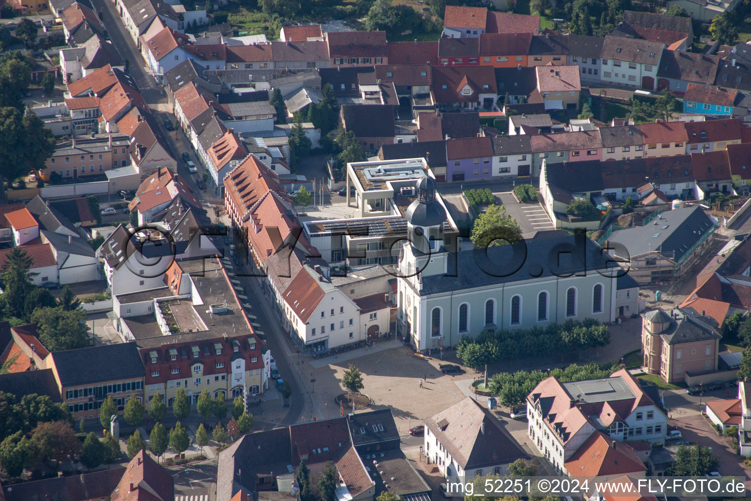 Aerial view of Church building of St. Maria Old in Town- center of downtown in Philippsburg in the state Baden-Wurttemberg, Germany