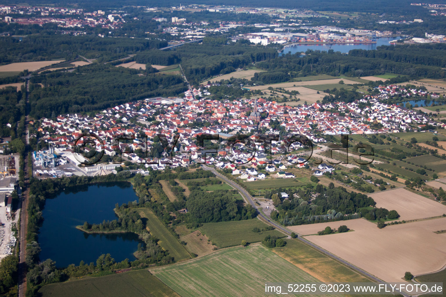 Bird's eye view of District Rheinsheim in Philippsburg in the state Baden-Wuerttemberg, Germany