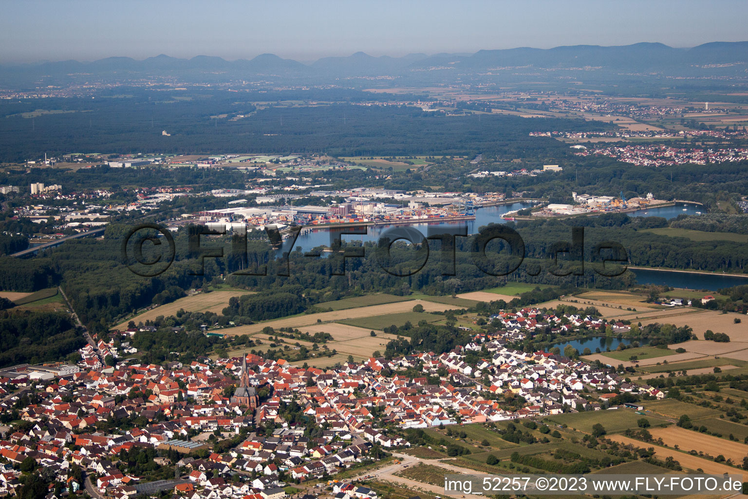 District Rheinsheim in Philippsburg in the state Baden-Wuerttemberg, Germany viewn from the air