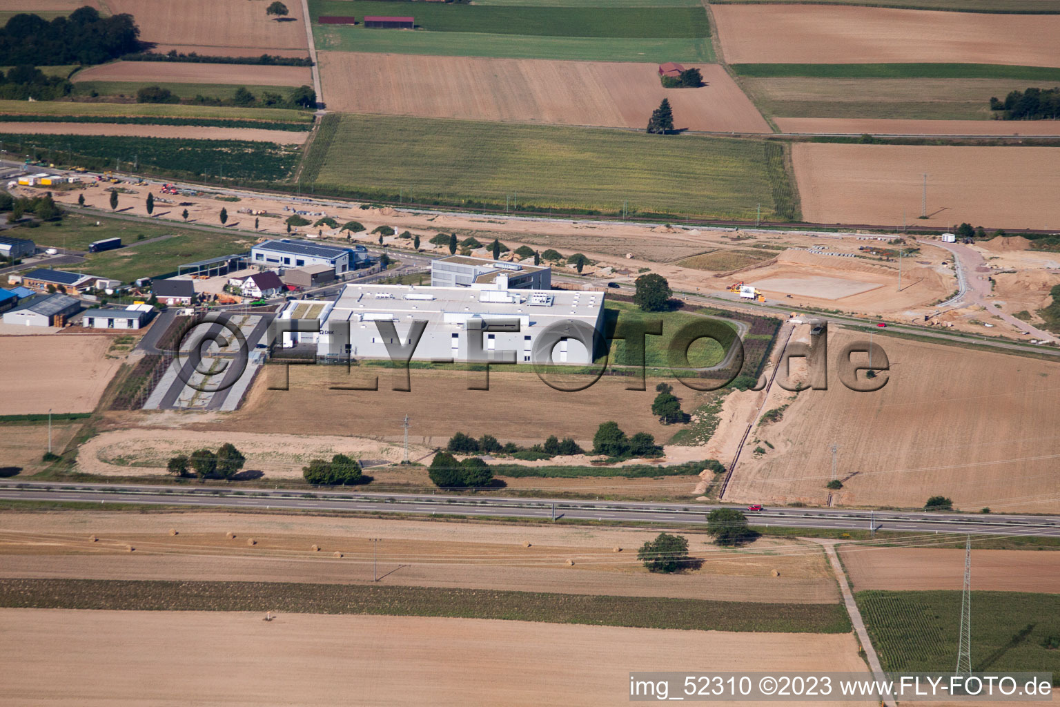 Aerial view of Northern industrial area, new DBK building in Rülzheim in the state Rhineland-Palatinate, Germany