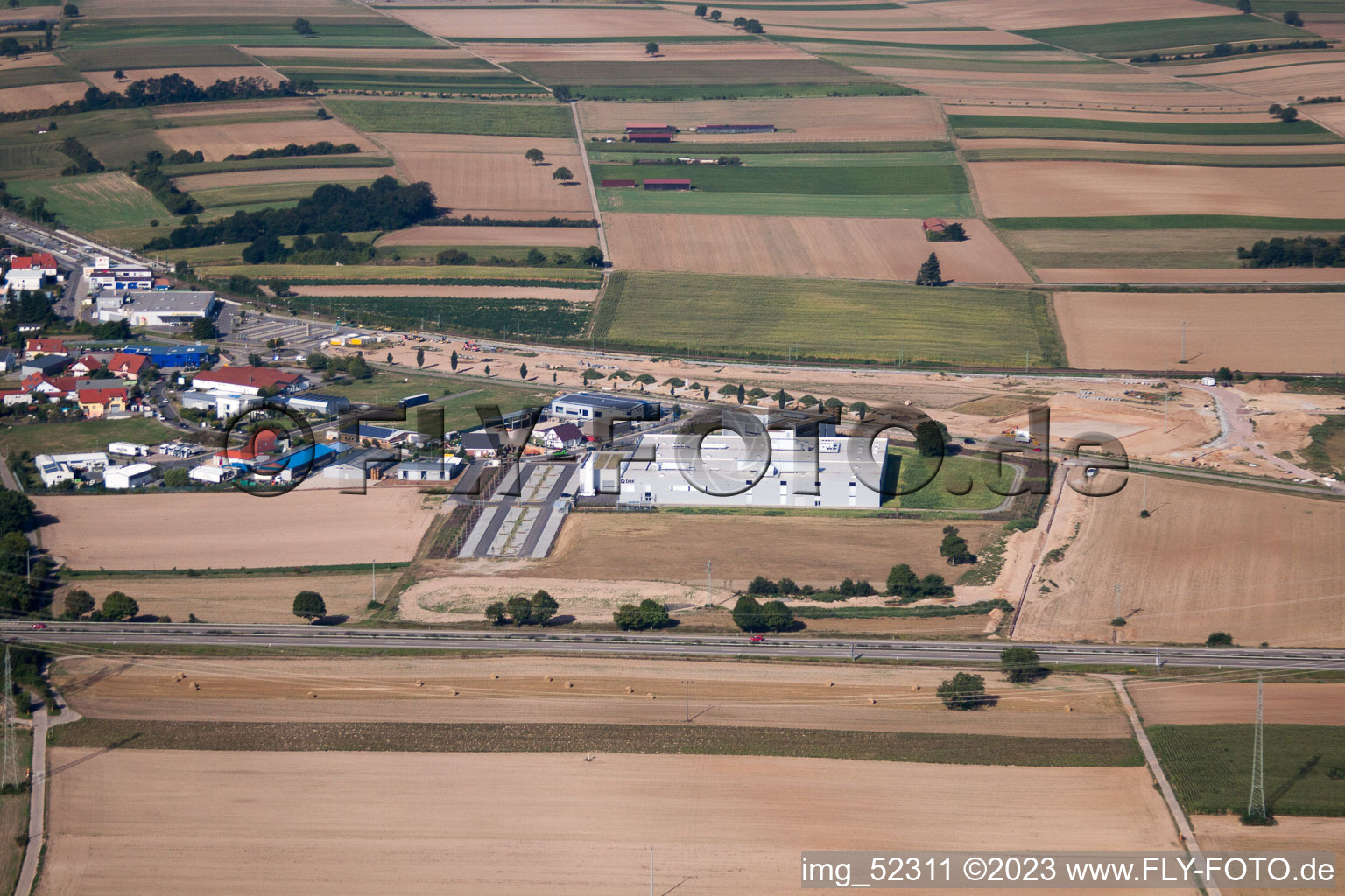 Aerial photograpy of Northern industrial area, new DBK building in Rülzheim in the state Rhineland-Palatinate, Germany