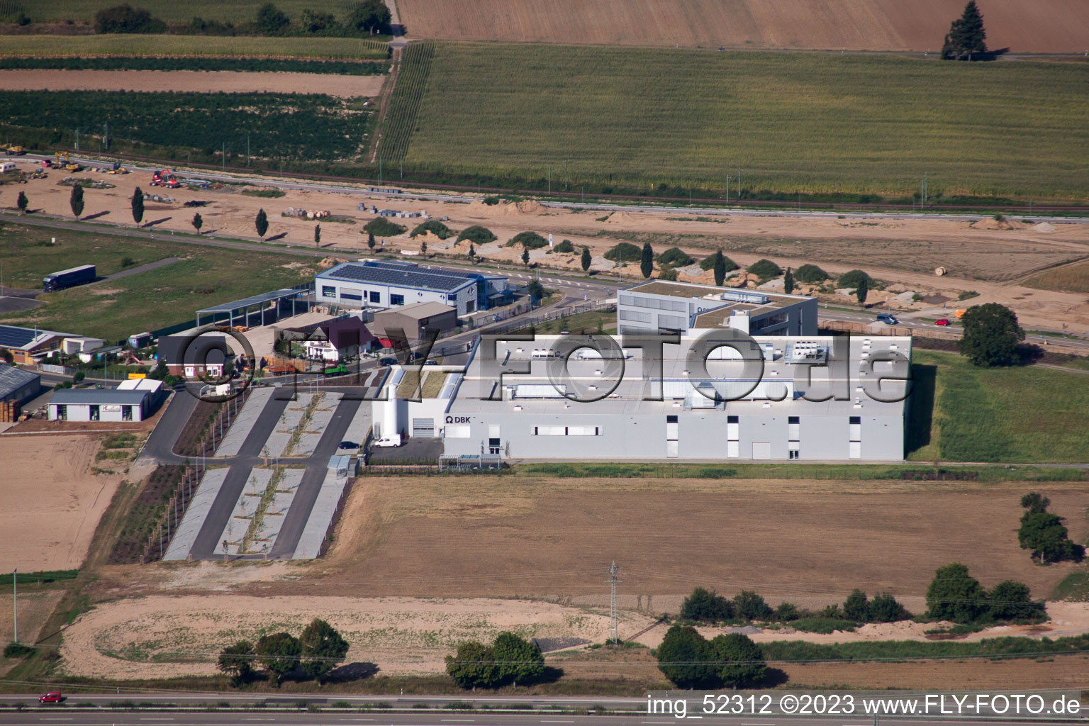 Oblique view of Northern industrial area, new DBK building in Rülzheim in the state Rhineland-Palatinate, Germany