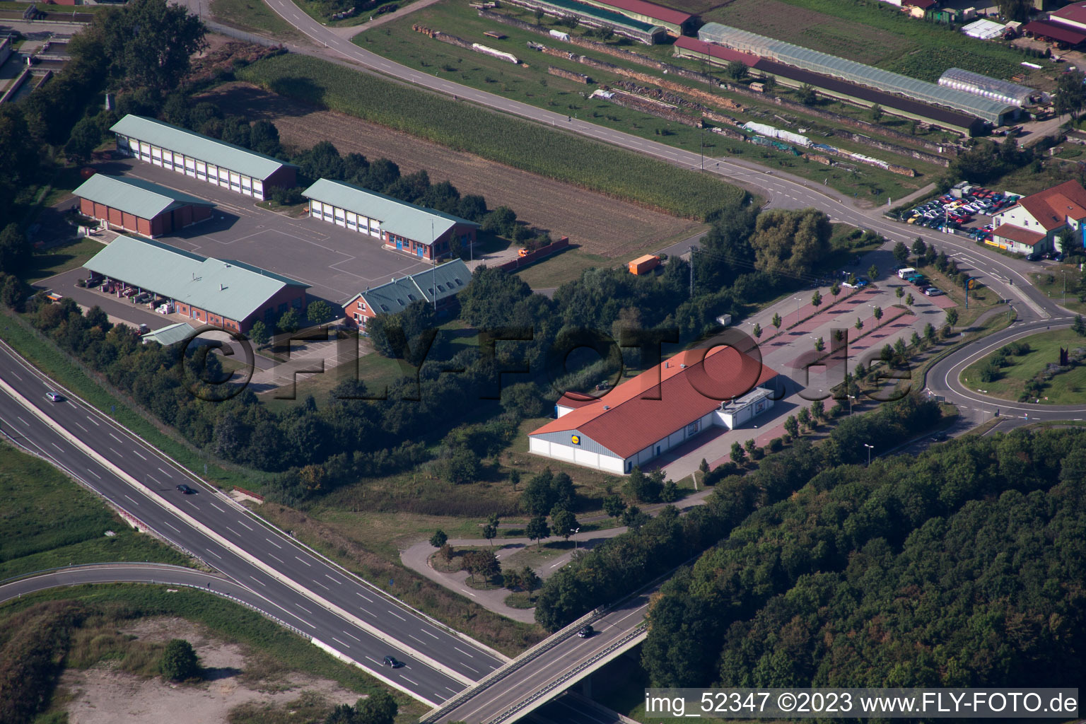 Aerial view of Highway maintenance sewage treatment plant in Kandel in the state Rhineland-Palatinate, Germany