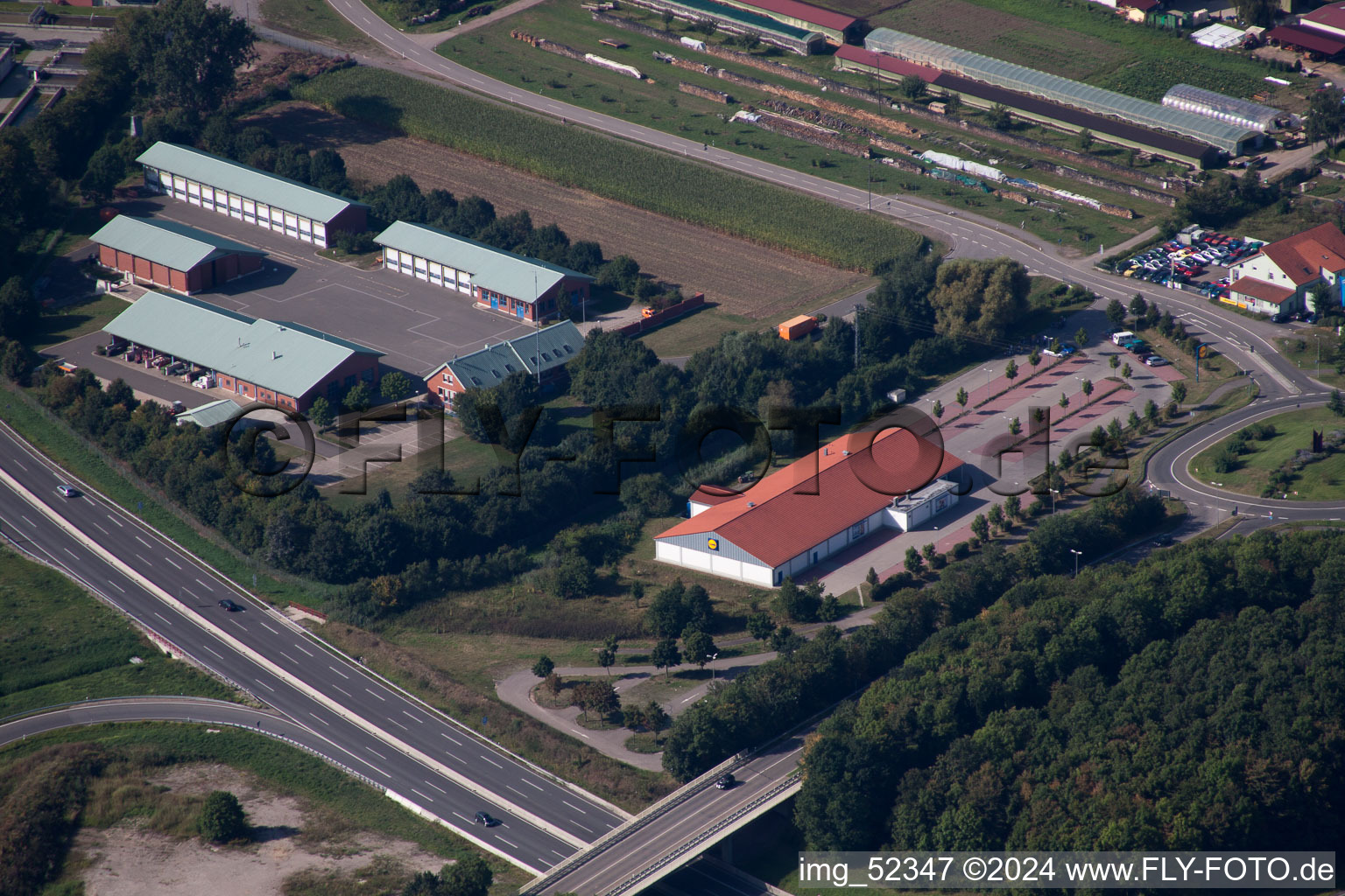 Aerial view of Sewage treatment plant motorway maintenance department in Kandel in the state Rhineland-Palatinate, Germany