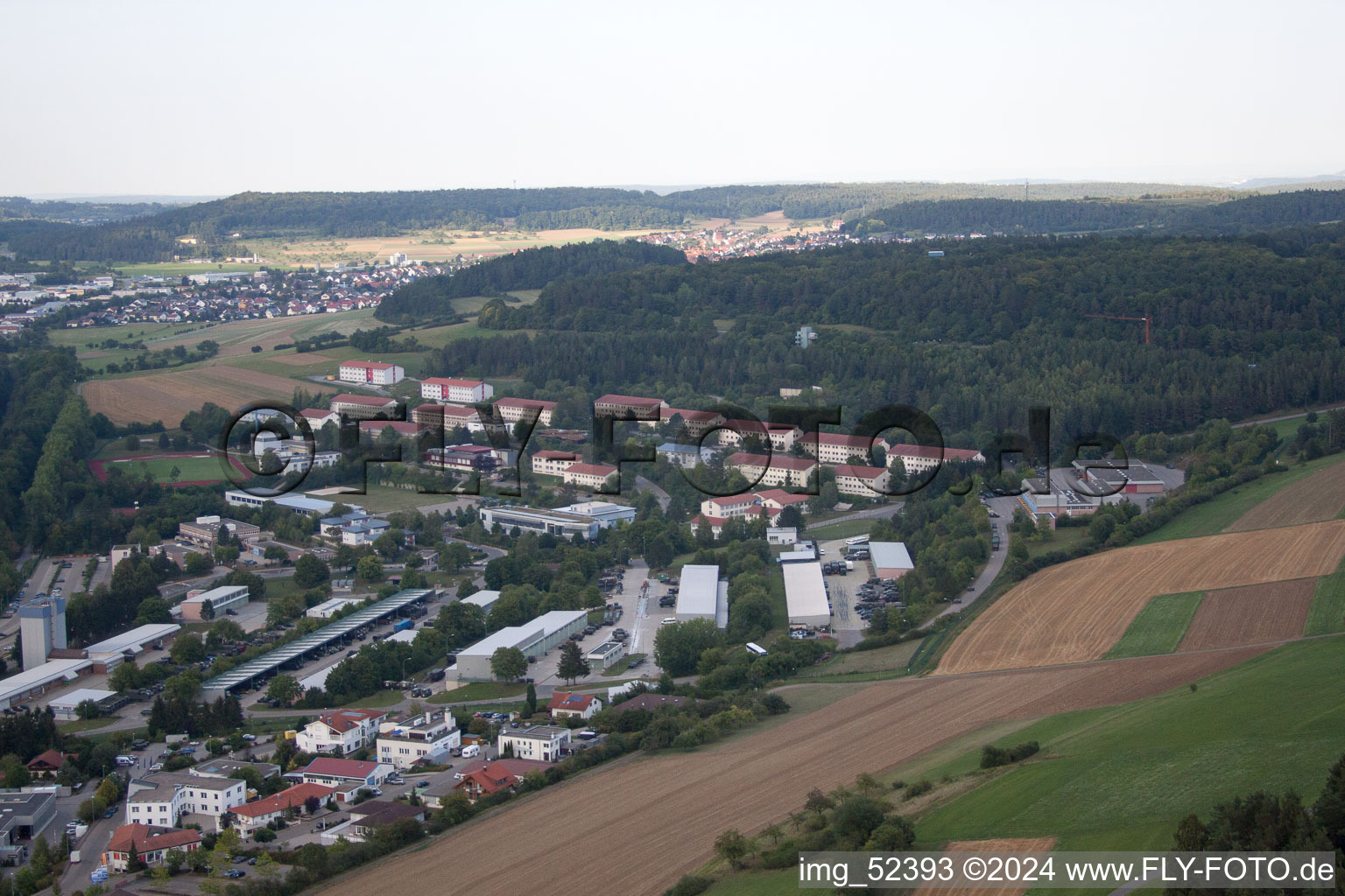 Aerial view of Stammheim, training area in Calw in the state Baden-Wuerttemberg, Germany