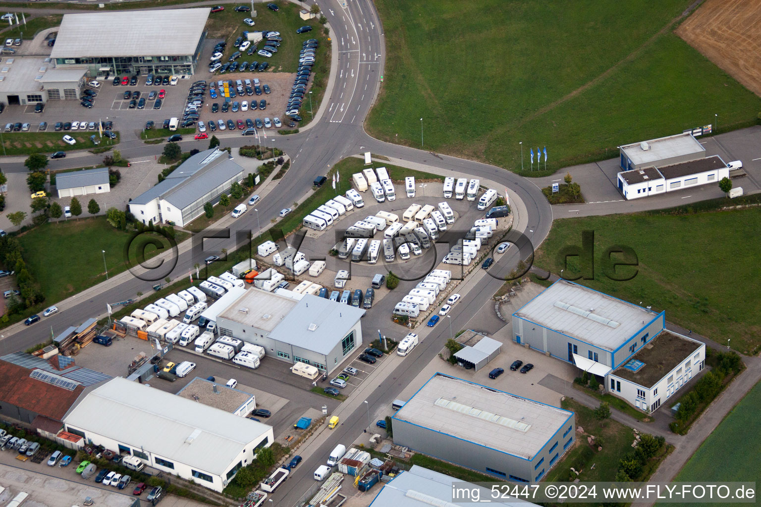 Aerial view of Stammheim, industrial area, Ungeheuer Mobil GmbH in Calw in the state Baden-Wuerttemberg, Germany